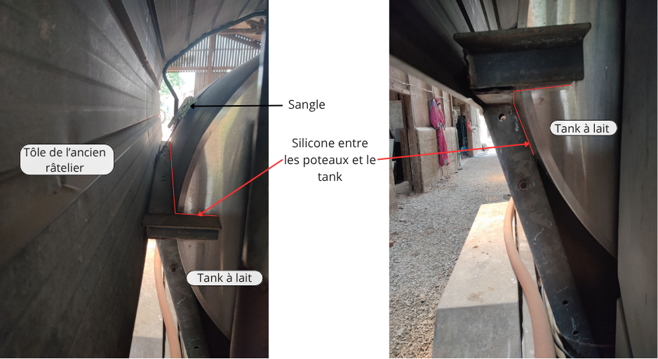 Photos annotées précisant les zones siliconés entre les poteaux et le tank