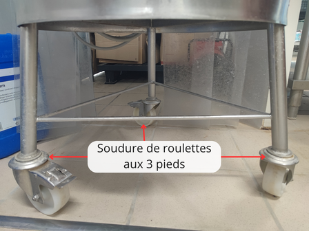 Photo annotée des roulettes soudées sur les pieds du pasteurisateur.