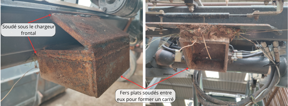 Photos annotées du carré soudé (à gauche : vue de profil, à droite : vue de dessous).
