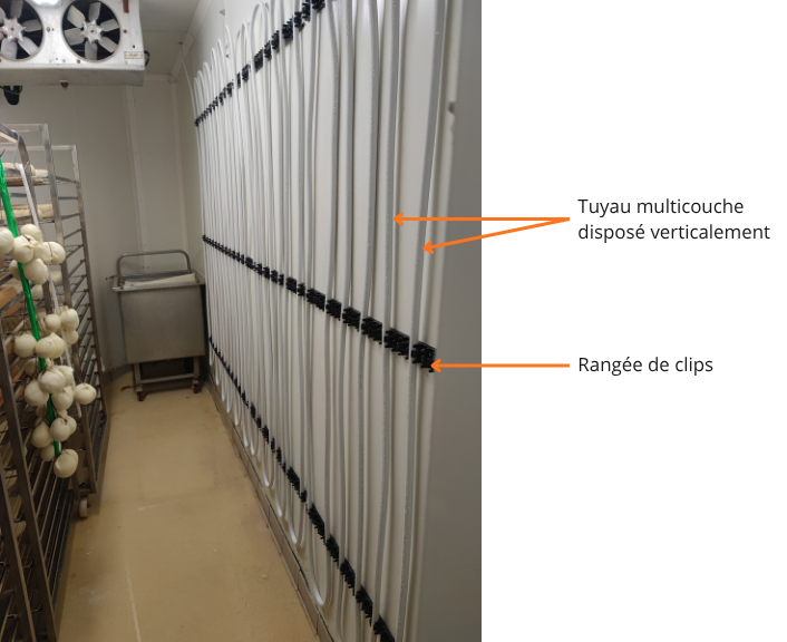 Photo annotée d'un mur de la cave recouvert par le serpentin du tuyau multicouche.